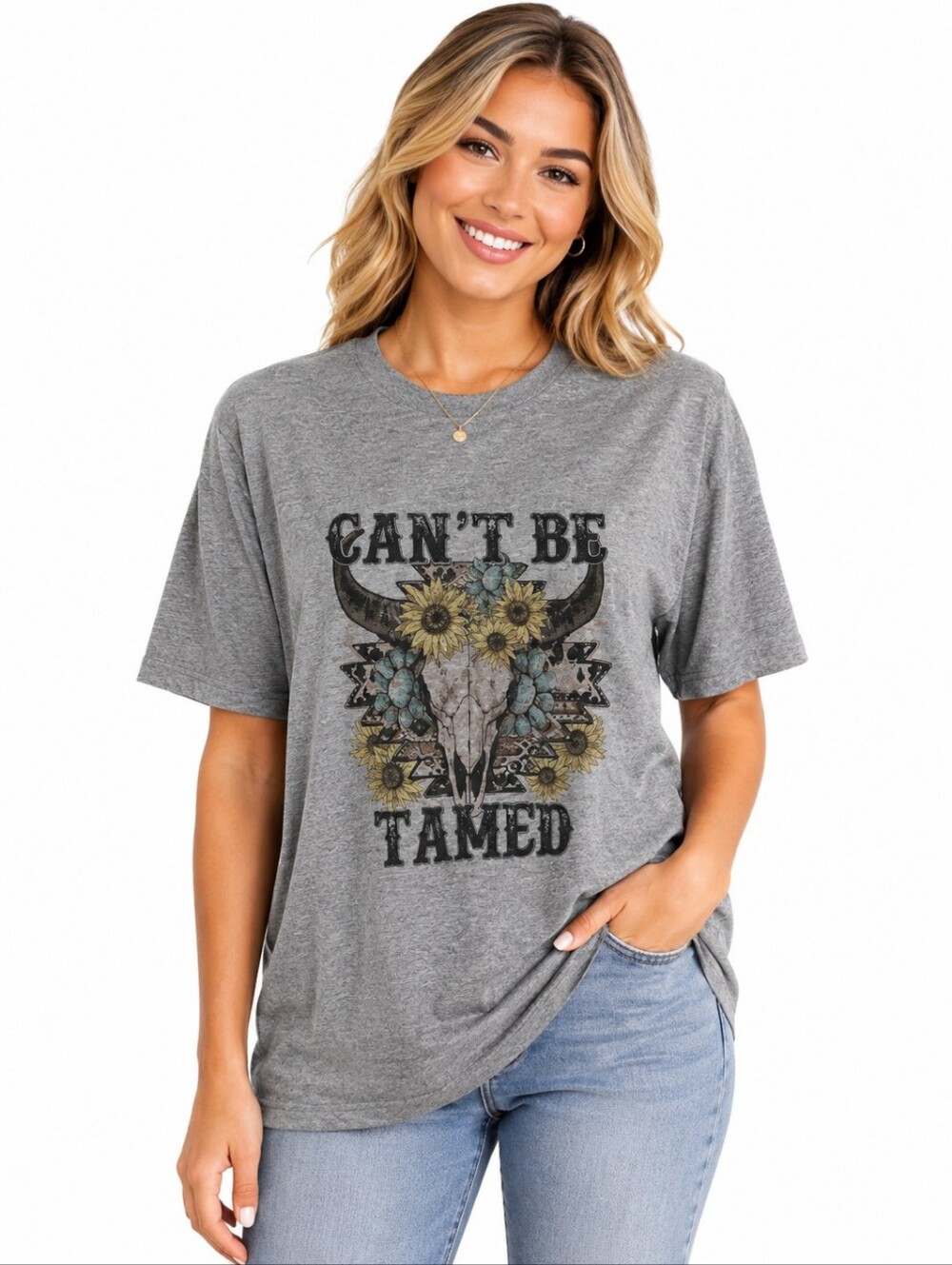Gildan Handmade Sublimation Can't Be Tamed Graphic Tee Western Cow Skull Large